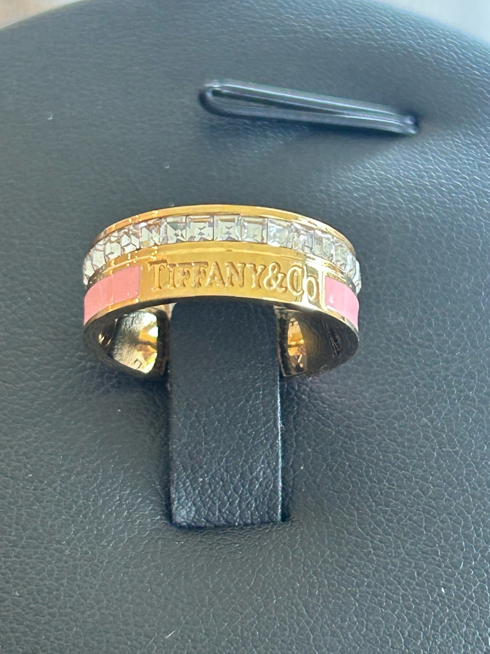 Gold Tone /Pink Enamel and Crystal Ring